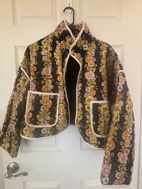 Floral Quilted Puffer Jacket in Black with Yellow & Pink Flowers